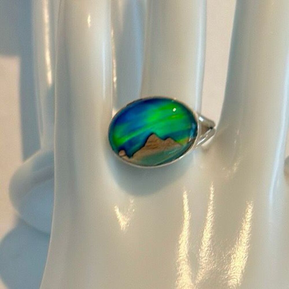 Unique Aurora Opal Ring Northern Lights Sterling Silver Unisex Trendy New